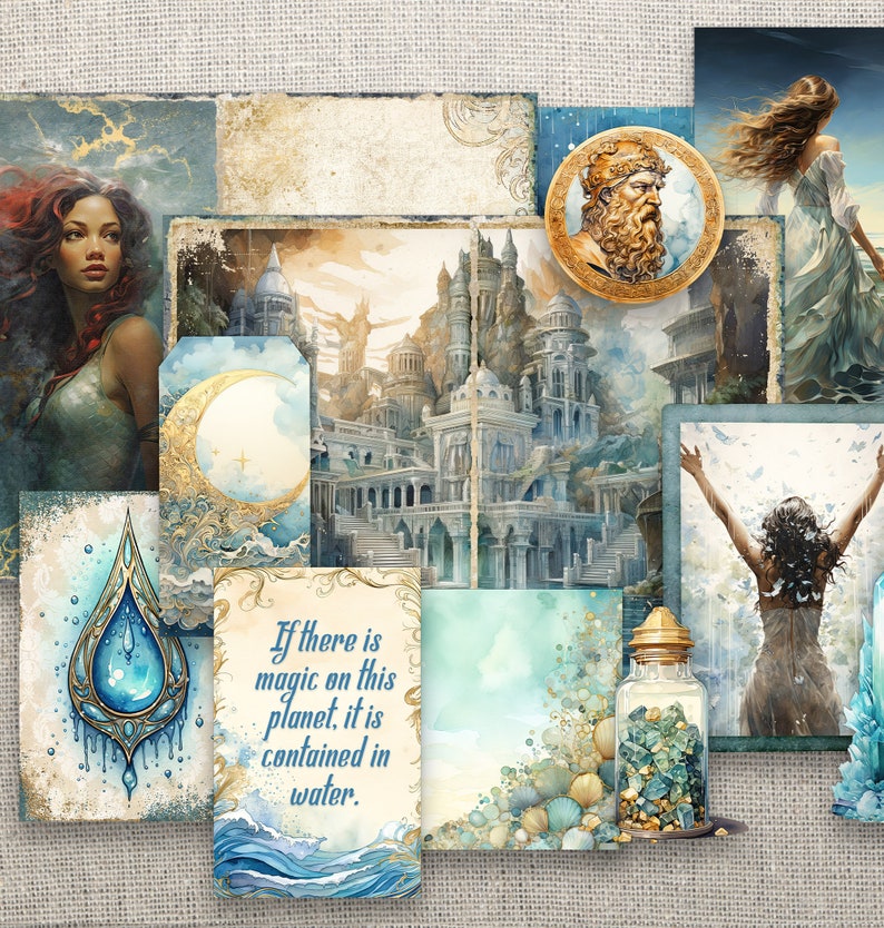 May include: A collage of images featuring a blue and gold colour scheme. The images include a woman with red hair, a city with a crescent moon, a water drop, a quote about magic in water, a jar of blue and gold glitter, and a woman with her arms raised.