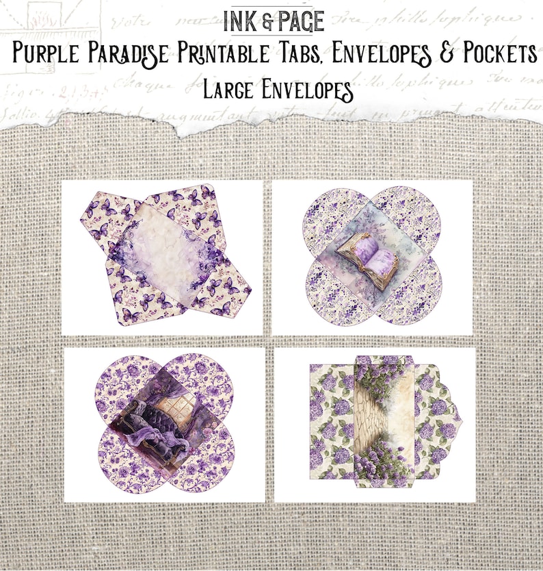 Purple Paradise Printable Ephemera Pockets Junk Journal Vintage Lavender Digital Envelopes Violet Scrapbook Rainbow Paper Wildflower Garden afbeelding 3