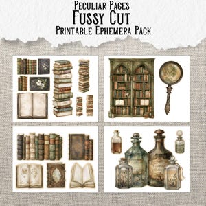 May include: A printable ephemera pack titled Peculiar Pages Fussy Cut featuring illustrations of antique books, stacks of volumes, an open book, a magnifying glass, and various glass apothecary bottles with labels on a white background.