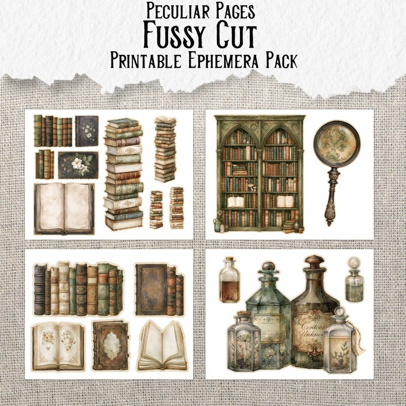 May include: A printable ephemera pack titled Peculiar Pages Fussy Cut featuring illustrations of antique books, stacks of volumes, an open book, a magnifying glass, and various glass apothecary bottles with labels on a white background.