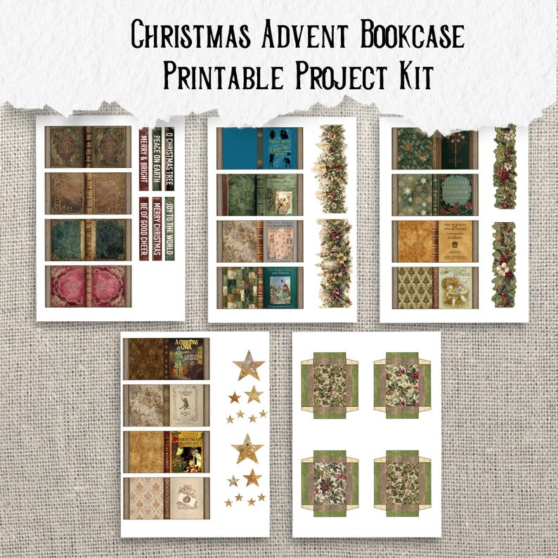 Utskrivbart kit för adventsbokhylla | Miniboklådor | Vintage julbibliotek | Skräpjournal och papperspysselprojekt bild 6