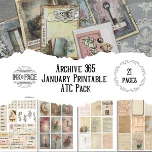 May include: A collection of vintage-style printable ATC (Artist Trading Card) pages. The design includes floral and butterfly illustrations, along with text elements such as "January" and "Archive 365". The pack contains 21 pages.
