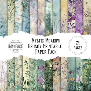 Mystic Meadow Printable Paper Pack Pretty Grungy Digital Download Magical Junk Journal Nature Distressed Pages Vintage Florals Papercrafting