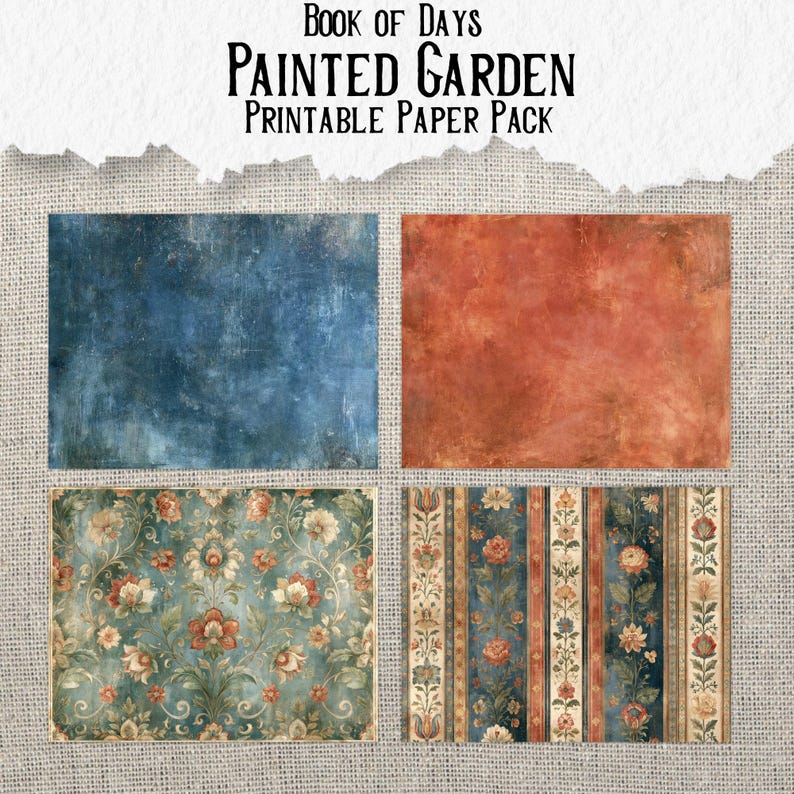 May include: Book of Days Painted Garden Printable Paper Pack featuring four rectangular sheets. One sheet is a textured deep blue, one is a mottled terracotta, one has a floral pattern on blue, and one has vertical floral stripes in blue and red.