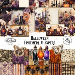 May include: A digital paper pack with 20 pages of Halloween themed designs. The designs feature a variety of elements, including pumpkins, candles, butterflies, ravens, and potion bottles. The colors are mostly purple, orange, and black.
