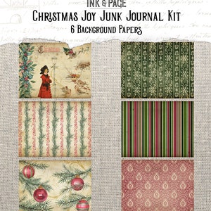 K&ouml;nnte beinhalten: Sechs digitale Papiere zum Junk Journaling mit einem Weihnachtsmotiv. Die Papiere zeigen verschiedene Designs, darunter eine Vintage-Weihnachtsszene, gr&uuml;ner und goldener Damast, rote und gr&uuml;ne Streifen und ein rotes und wei&szlig;es Blumenmuster.