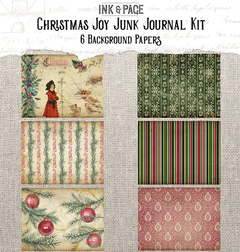 K&ouml;nnte beinhalten: Sechs digitale Papiere zum Junk Journaling mit einem Weihnachtsmotiv. Die Papiere zeigen verschiedene Designs, darunter eine Vintage-Weihnachtsszene, gr&uuml;ner und goldener Damast, rote und gr&uuml;ne Streifen und ein rotes und wei&szlig;es Blumenmuster.