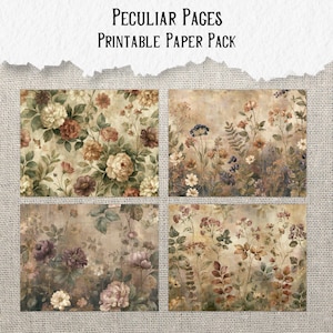 May include: A set of four printable paper sheets titled Peculiar Pages Printable Paper Pack, featuring vintage-style floral illustrations in muted tones of brown, cream, green, and purple, displayed against a textured beige fabric background.