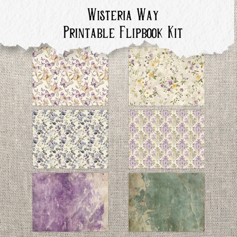 Puede incluir: Un kit de flipbook imprimible con el t&iacute;tulo "Wisteria Way". El kit incluye seis papeles estampados diferentes con un tema floral en tonos de morado, verde y amarillo.