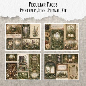 Op de afbeelding: Peculiar Pages printbare junk journal kit met vier vellen decoratief papier met botanische, bibliotheek- en tuinillustraties in gedempte aardetinten, inclusief afbeeldingen van open boeken, kaarsen, stenen bogen en bloemstukken.