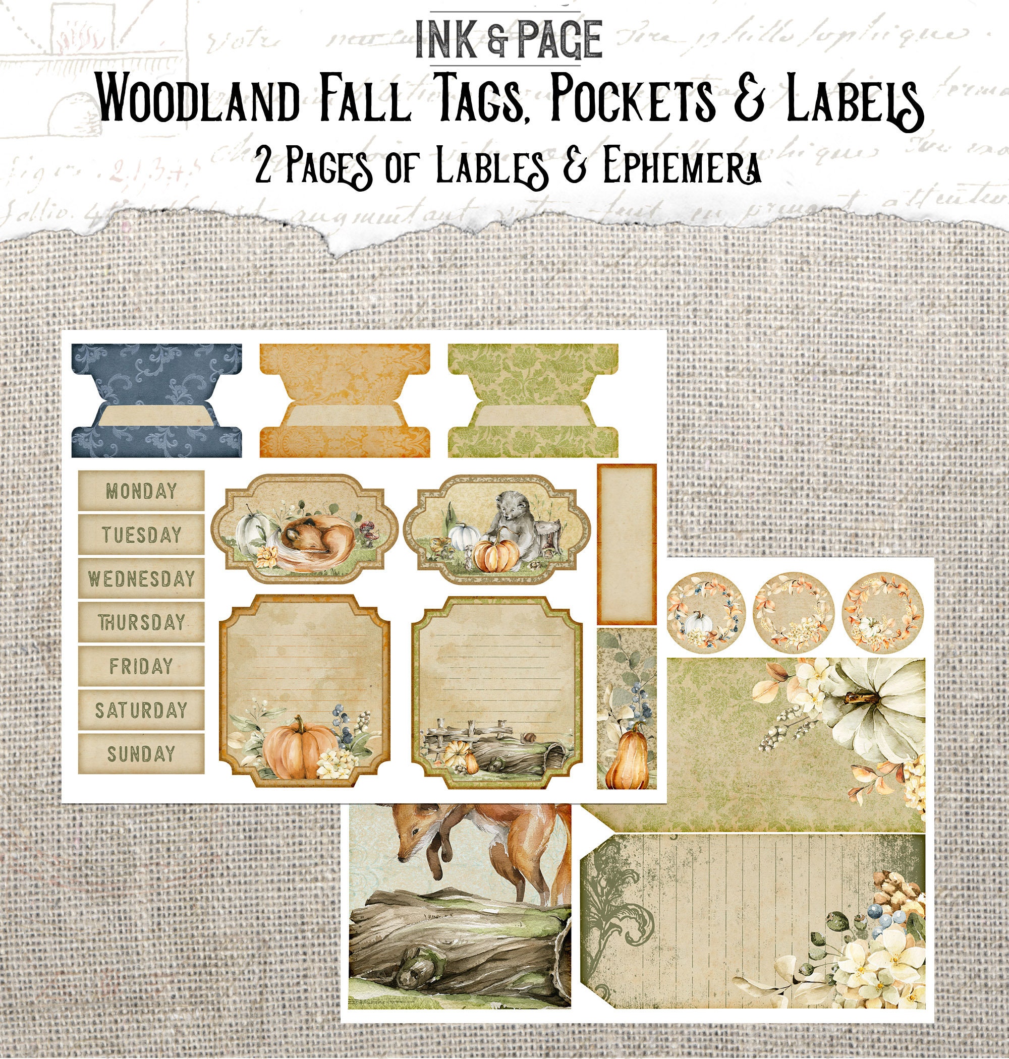 Fall Labels Pack Woodland Fall Tags, Pockets and Labels Printable Ephemera; Junk Journal ...