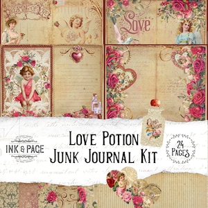 Kit de diario basura imprimible para el Día de San Valentín, Poción de amor, Rosas rojas, Vintage Ephemera Pack, Descarga digital, Papel de álbum de recortes, Romántico