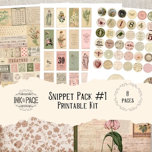 Può includere: Una collezione di elementi effimeri stampabili in stile vintage, tra cui tag, etichette e disegni circolari. Il kit Snippet Pack #1 presenta illustrazioni botaniche, annunci antichi ed elementi di testo scritti a mano. La tavolozza dei colori include beige, rosa e verde.