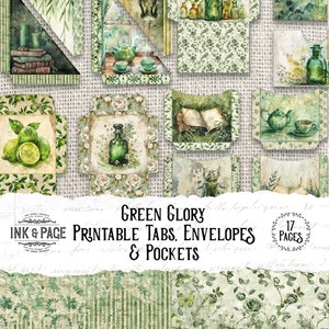 Green Glory Printable Pockets Add-On Ephemera Junk Journal Kit Envelopes Digital File Tabs Scrapbook Elements Tuck Spot Vintage Floral Paper
