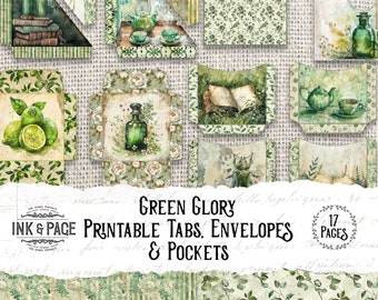 Green Glory Printable Pockets Add-On Ephemera Junk Journal Kit Envelopes Digital File Tabs Scrapbook Elements Tuck Spot Vintage Floral Paper