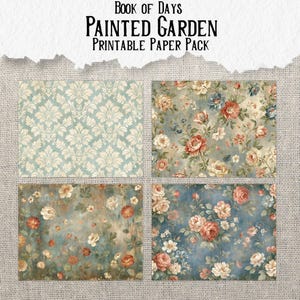 May include: Book of Days Painted Garden Printable Paper Pack featuring four distinct sheets. One sheet displays a light blue damask pattern, while the other three showcase various floral arrangements with red, pink, and white roses on blue backgrounds.