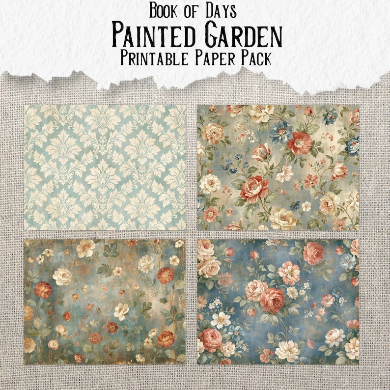 May include: Book of Days Painted Garden Printable Paper Pack featuring four distinct sheets. One sheet displays a light blue damask pattern, while the other three showcase various floral arrangements with red, pink, and white roses on blue backgrounds.