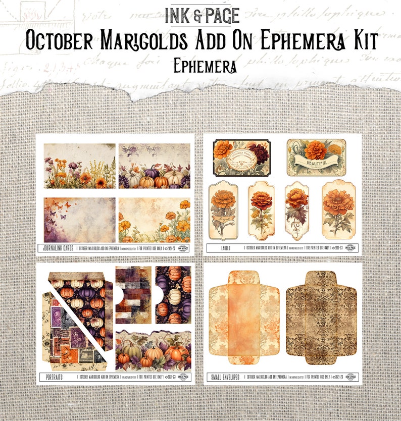 October Junk Journal Printable Kit Ephemera Digital Download Marigold ...