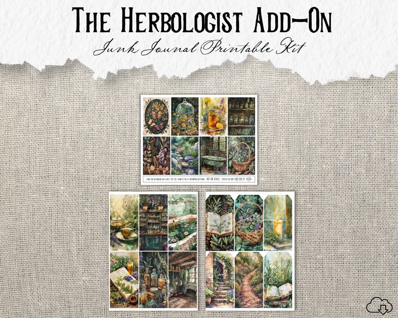 K&ouml;nnte beinhalten: Druckbarer Junk-Journal-Kit mit einem gr&uuml;nen, braunen und wei&szlig;en Farbschema. Das Kit enth&auml;lt Bilder eines Buches, einer Badewanne, eines Glases mit Kr&auml;utern und eines Gartenwegs. Der Text "THE HERBOLOGIST ADD-ON Junk Journal Printable Kit" befindet sich oben im Bild.