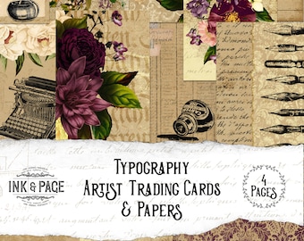 May include: A collage of vintage-style papers and images featuring flowers, typewriters, inkwells, and handwritten text. The text reads "Typography Artist Trading Cards & Papers" and "4 Pages".