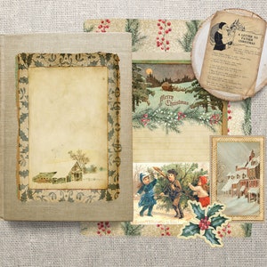 K&ouml;nnte beinhalten: Eine Vintage-Weihnachts-Scrapbook-Seite mit einer leeren Journal-Seite, einer Weihnachtskarte mit einer verschneiten Szene, einem Brief an den Weihnachtsmann und einem Zweig mit Stechpalme.