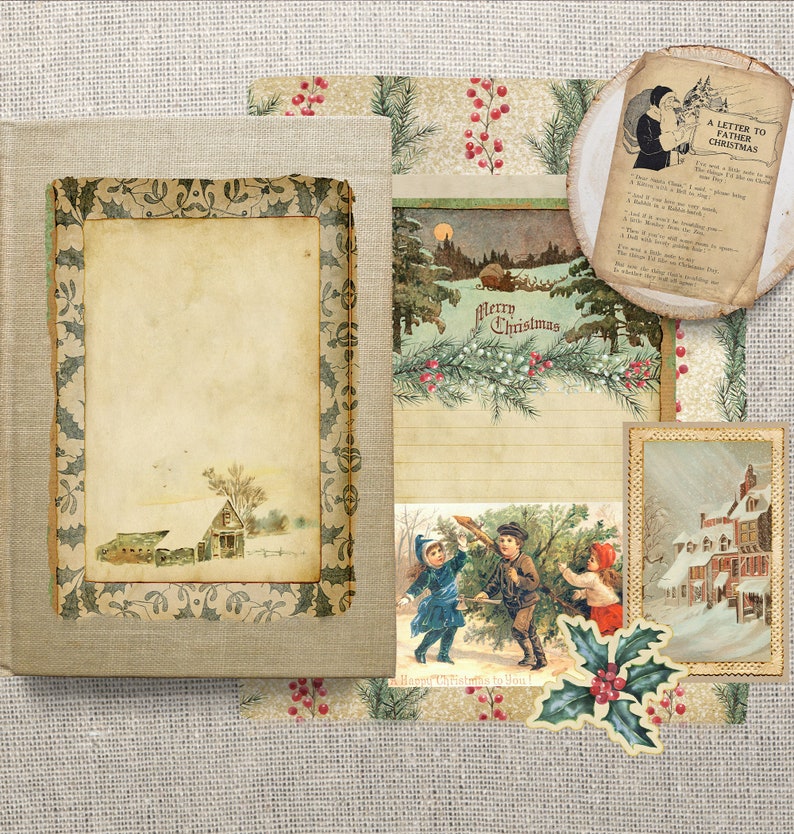 K&ouml;nnte beinhalten: Eine Vintage-Weihnachts-Scrapbook-Seite mit einer leeren Journal-Seite, einer Weihnachtskarte mit einer verschneiten Szene, einem Brief an den Weihnachtsmann und einem Zweig mit Stechpalme.