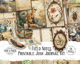 Field Notes Junk Journal Printable Kit Nature Digital Download Victorian Vintage Ephemera Naturalist Scrapbook Paper Botanical Notebook Page