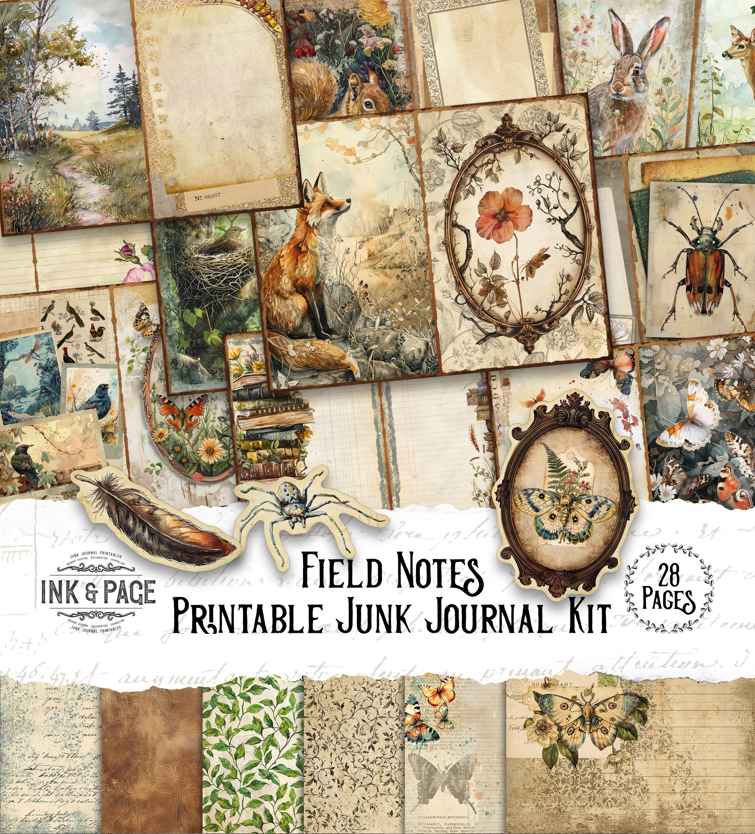 Field Notes Junk Journal Printable Kit Nature Digital Download Victorian Vintage Ephemera Naturalist Scrapbook Paper Botanical Notebook Page