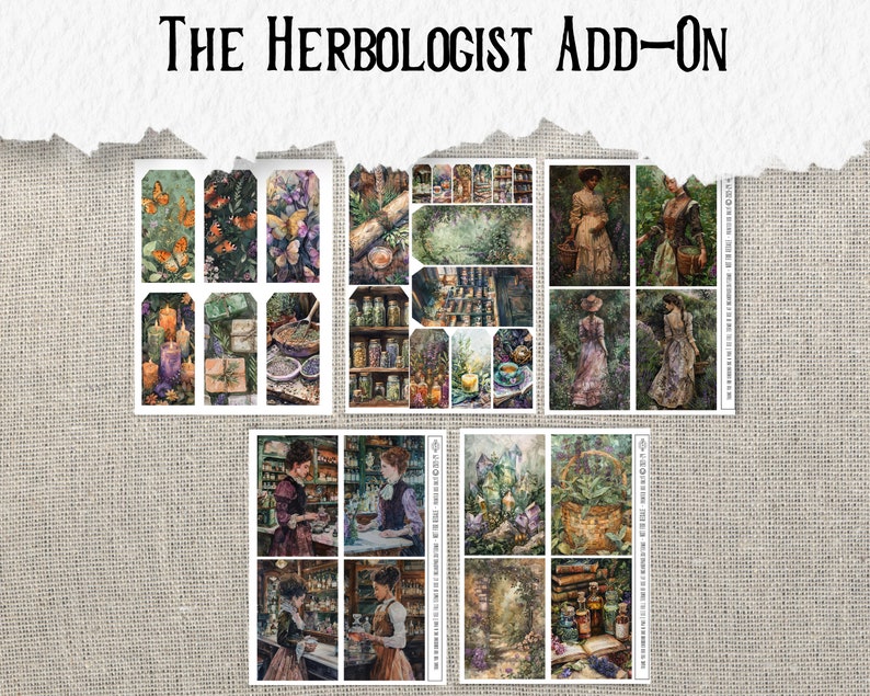 K&ouml;nnte beinhalten: Ein Set mit 18 digitalen Planer-Stickern mit Illustrationen eines Kr&auml;uterladens, einer Frau im Wald und verschiedenen Kr&auml;utern und Tr&auml;nken. Die Sticker sind im Vintage-Stil mit Aquarell-Effekt.