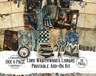 Lord Wraithwood's Library Add-On Printable Ephemera Kit Junk Journal Digital Download Old Gothic Books Tags Masculine Lined Pages Gentleman