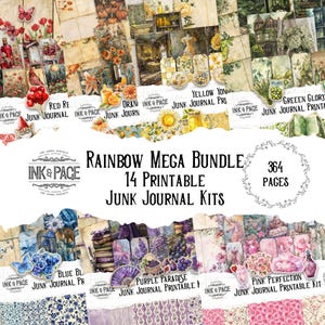 Regenboog megabundel 14 ongewenste dagboek afdrukbare kits heldere aquarel plakboekpagina's kleurrijke papieren verpakking vintage ephemera Happy Papercraft