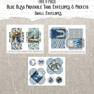May include: Printable blue and white envelope and pocket designs featuring a blue and white floral pattern. The designs include a woman in a blue dress, a book, a window with vases, and a forest scene. The text "BLUE BLISS PRINTABLE TABS, ENVELOPES & POCKETS" and "SMALL ENVELOPES" is included in the image.