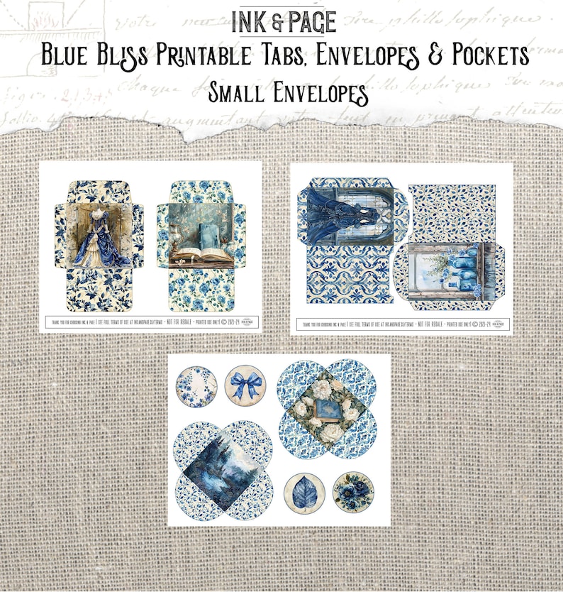 May include: Printable blue and white envelope and pocket designs featuring a blue and white floral pattern. The designs include a woman in a blue dress, a book, a window with vases, and a forest scene. The text "BLUE BLISS PRINTABLE TABS, ENVELOPES & POCKETS" and "SMALL ENVELOPES" is included in the image.