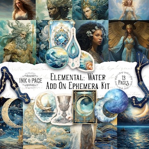 Könnte beinhalten: Ein digitales Collage-Kit mit 13 Seiten Ephemera mit Wasserelementen, darunter ein Halbmond, ein Kelch, eine Muschel und eine Welle. Das Kit trägt den Titel "Elemental: Water Add On Ephemera Kit".