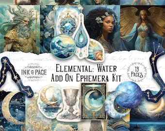 Elemental Water Printable Ephemera Kit Junk Journal Tags Digital Download Pockets Ocean Scrapbook Moon Journaling Supplies Four Elements