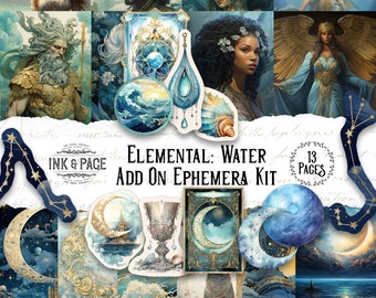 Elemental Water Printable Ephemera Kit Junk Journal Tags Digital Download Pockets Ocean Scrapbook Moon Journaling Supplies Four Elements