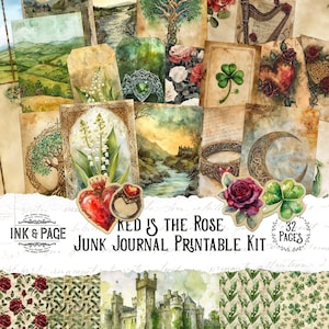 Rosso è il kit stampabile Rose Junk Journal Collage celtico Irlanda Scrapbooking carta Grungy Ephemera Download digitale vintage di San Patrizio