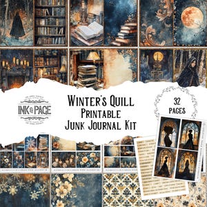 Kit para impressão de diário de inverno Quill Junk, download digital de romancista, álbum de recortes Dark Academia, papel gótico, escritor de leitura, amante de livros, itens efêmeros