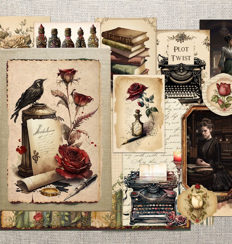 Författarens skräpjournal utskrivbart kit viktoriansk damförfattare ephemerabibliotek vintage skrivmaskinsbok Bujo Dark Academia digital nedladdning bild 2