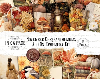 May include: A digital scrapbooking kit with 16 pages of images featuring fall foliage, mushrooms, a bird, a lantern, a cottage, and chrysanthemums. The kit includes the text "November Chrysanthemums Add On Ephemera Kit" and "Ink & Page".