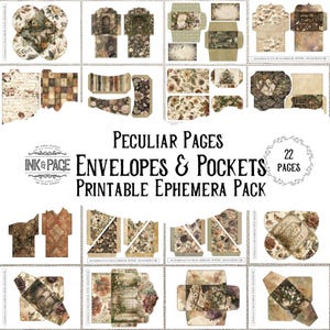 May include: A printable ephemera pack titled Peculiar Pages Envelopes & Pockets containing 22 pages of paper craft templates. The collection features various envelope and pocket designs decorated with vintage floral patterns and botanical illustrations.