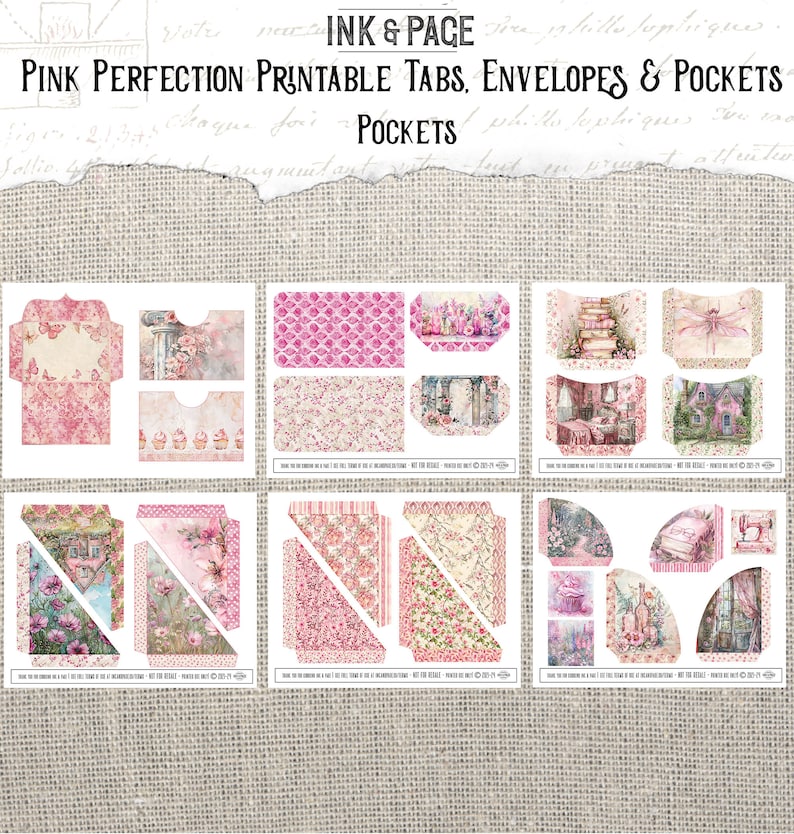 May include: Printable pink pocket tabs, envelopes, and pockets with floral and cottagecore designs. The set includes a variety of shapes and sizes, including a dragonfly, a house, and a book stack.
