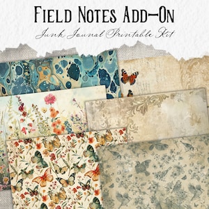May include: A printable junk journal kit with a vintage aesthetic. The kit includes six digital papers featuring patterns of butterflies, birds, flowers, and abstract marbling. The papers are in shades of blue, green, brown, and cream.