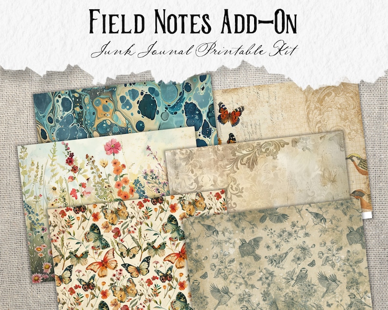 May include: A printable junk journal kit with a vintage aesthetic. The kit includes six digital papers featuring patterns of butterflies, birds, flowers, and abstract marbling. The papers are in shades of blue, green, brown, and cream.