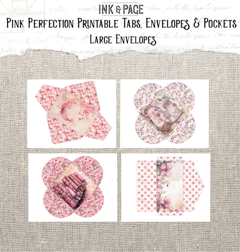 May include: Four printable envelope designs featuring pink floral patterns and illustrations of books and a vintage chest. The text "INK & PACE" and "PINK PERFECTION PRINTABLE TABS, ENVELOPES & POCKETS LARGE ENVELOPES" is at the top of the image.