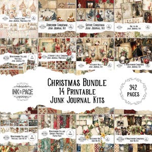May include: A Christmas bundle of 14 printable junk journal kits. The image features various themed kits with vintage designs, including "Sugar & Spice," "Storybook Christmas," and "Gothic Christmas." The bundle includes 342 pages.
