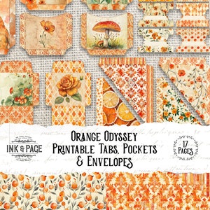 Puede incluir: Descarga digital de Orange Odyssey Printable Tabs, Pockets & Envelopes con 17 páginas de diseños naranja, blanco y verde con motivos florales, cítricos y geométricos.