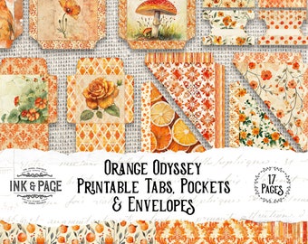 May include: Orange Odyssey Printable Tabs, Pockets & Envelopes digital download with 17 pages of orange, white, and green designs featuring floral, citrus, and geometric patterns.