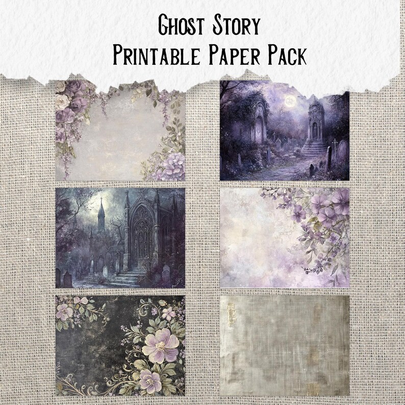 K&ouml;nnte beinhalten: Ein druckbares Papierpaket mit sechs verschiedenen Designs im gruseligen, gotischen Stil. Die Designs beinhalten eine Friedhofsszene, eine Kirche und florale Muster in Violett- und Graut&ouml;nen.