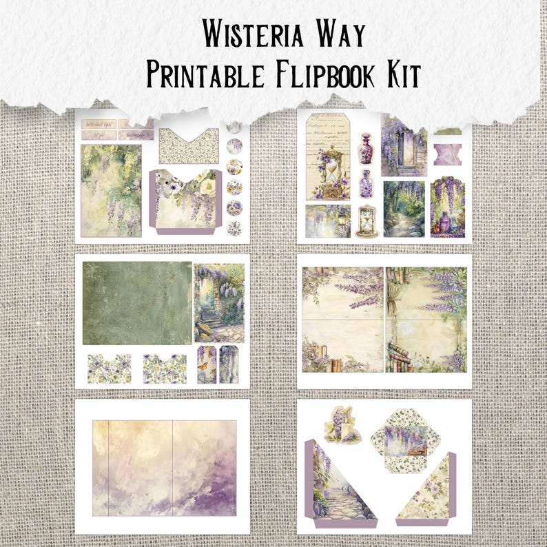 Puede incluir: Kit de libro desplegable imprimible con un tema de glicinia caprichoso. El kit incluye varias p&aacute;ginas, sobres y adornos con una escena de jard&iacute;n con flores de glicinia, un camino de piedra y un buz&oacute;n de estilo vintage.